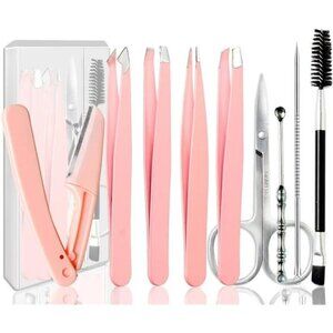 9-Piece Pink Eyebrow Grooming Kit Professional Tweezer & Razor Set With Case